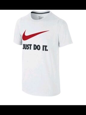 Nike White Short Sleeve Tee with Red Swoosh and Black Text